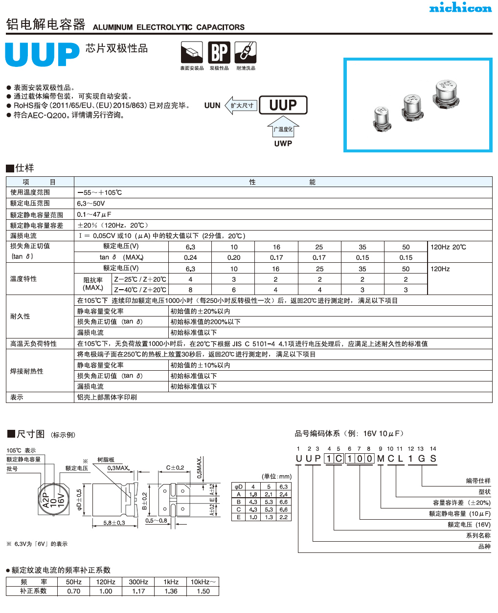 UUP标准品铝电解电容代码说明